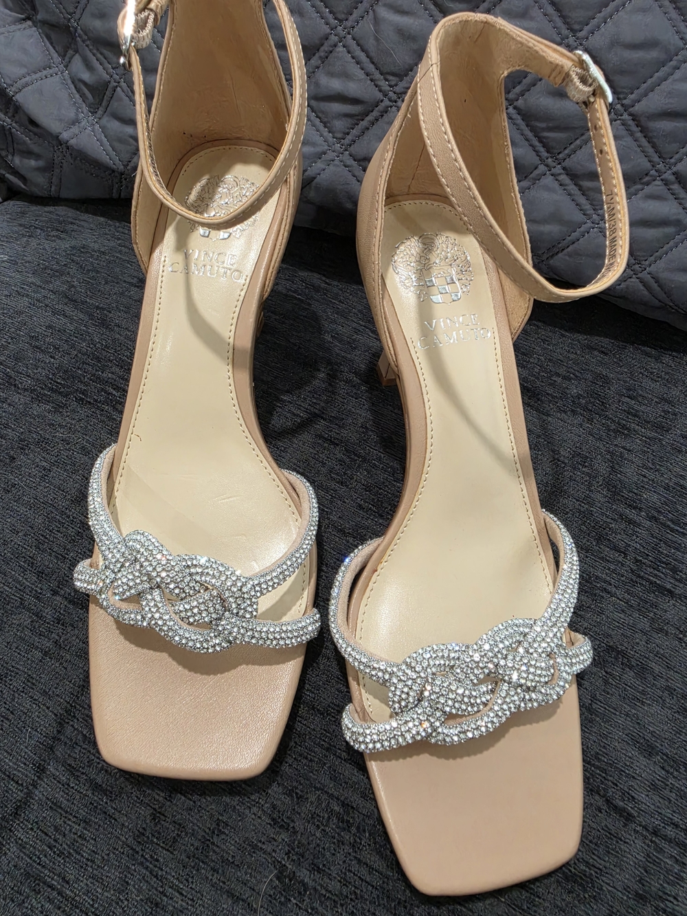 Vince Camuto Nude 7.5 Crystal-Embellished Ankle Strap Sandals